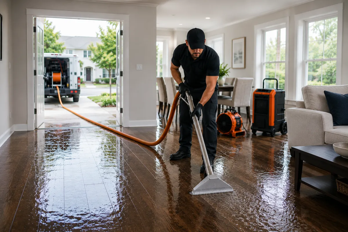 Water removal from a flooded room in a Murrieta home