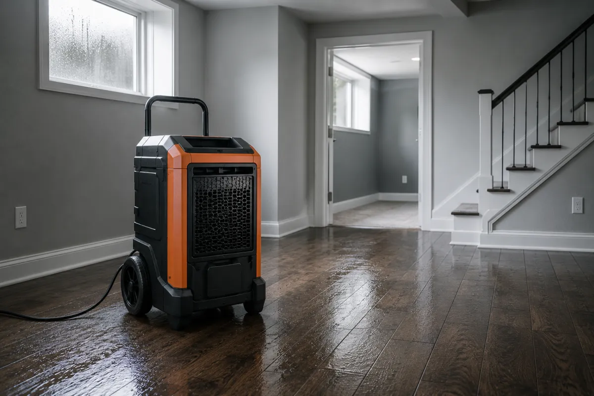Commercial dehumidifier removing trapped moisture after water damage in Murrieta