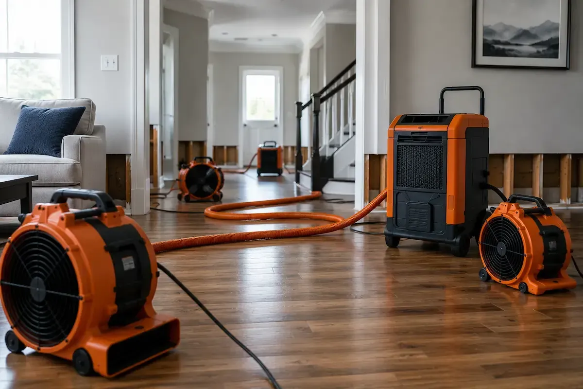 Industrial air movers and dehumidifier drying a water damaged room in Murrieta