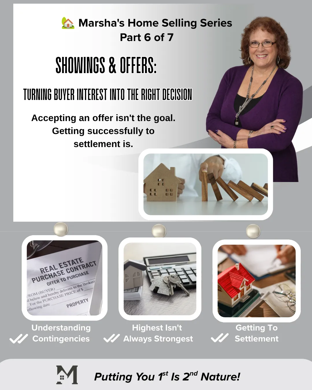 Marsha's Home Selling Series Part 6 graphic about evaluating home purchase offers, contingencies, financing, and getting successfully to settlement.