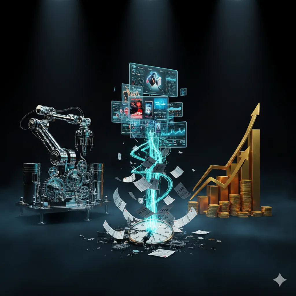 Portrait iPhone-style product mockup with dark UI and metrics