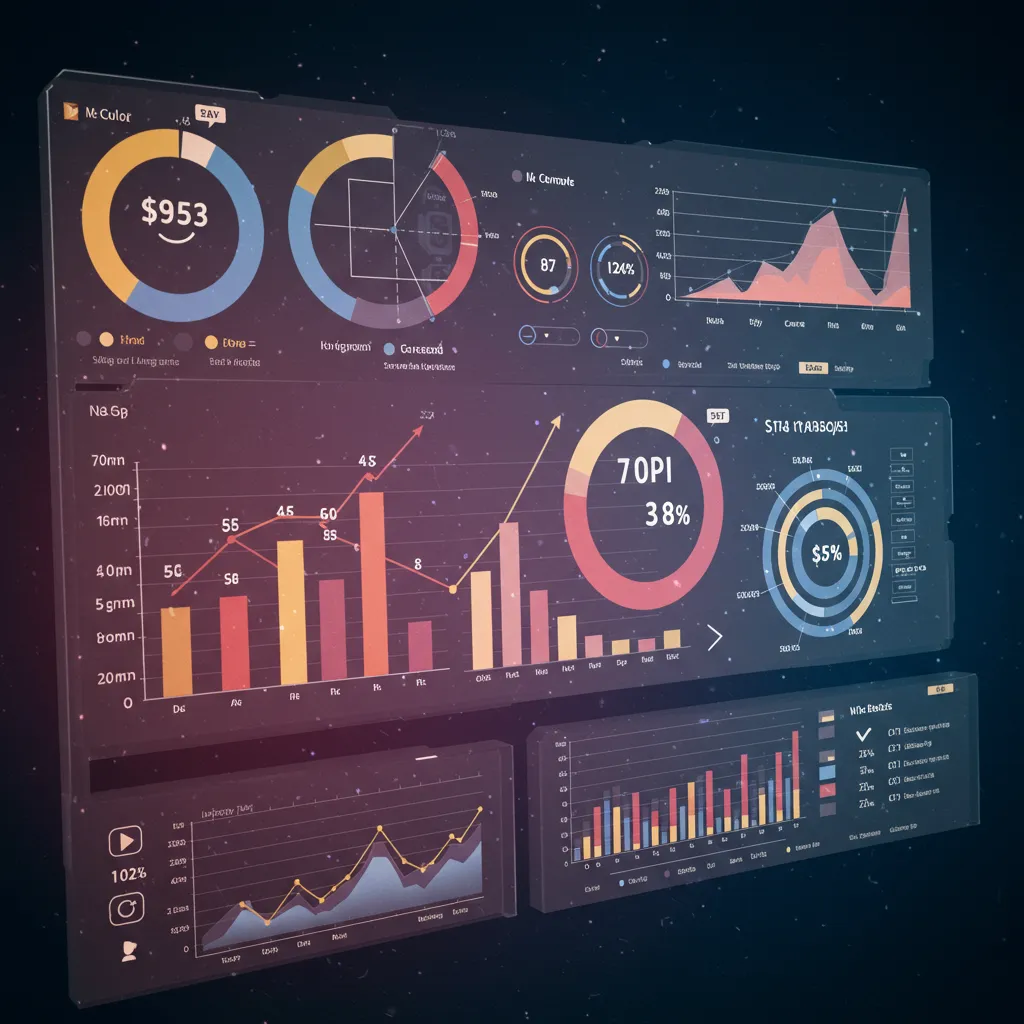 High-contrast KPI dashboard with graphs, trendlines and AI-agent indicators