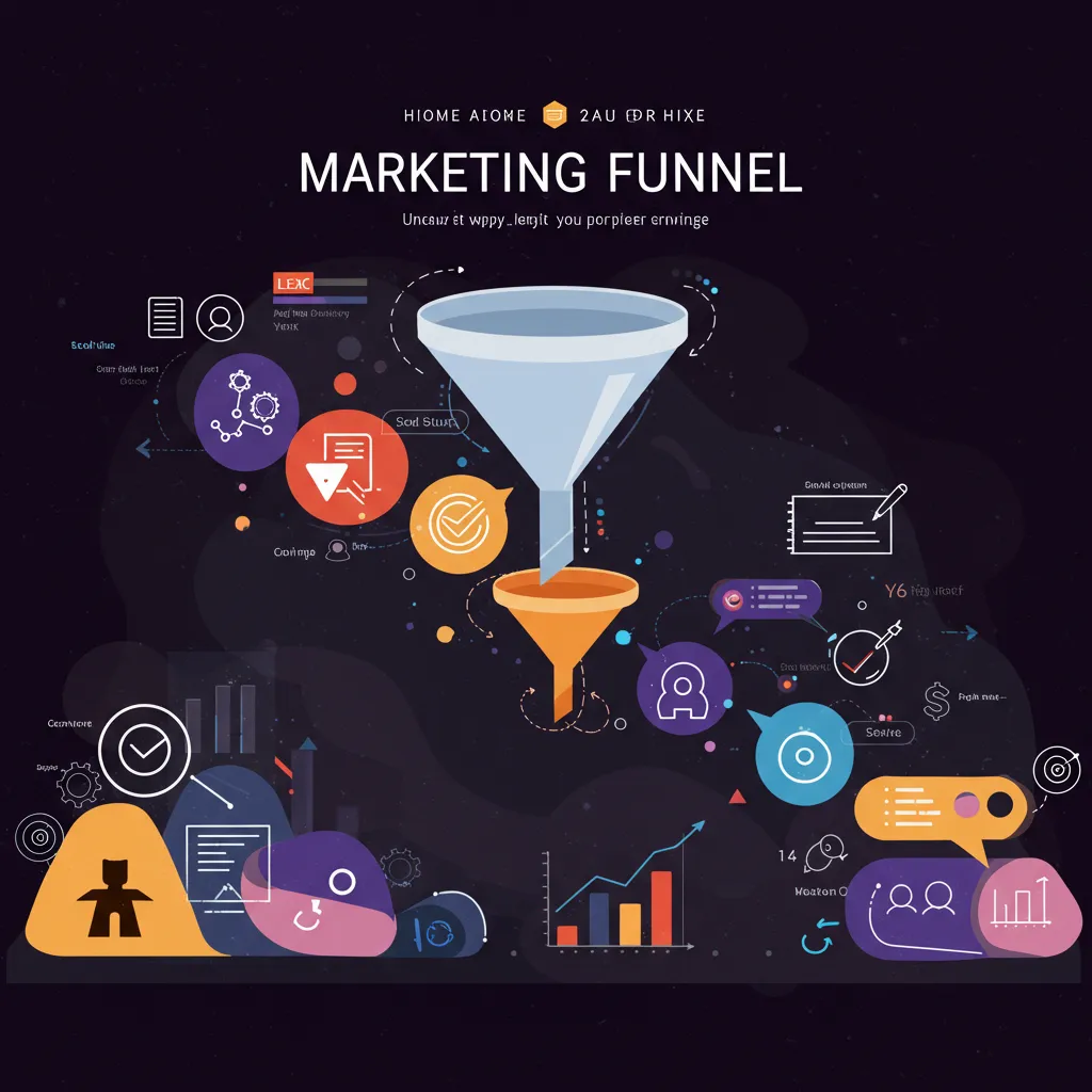 Portrait-style dashboard composite showing funnel steps, KPIs, and messaging stacks with pink highlights
