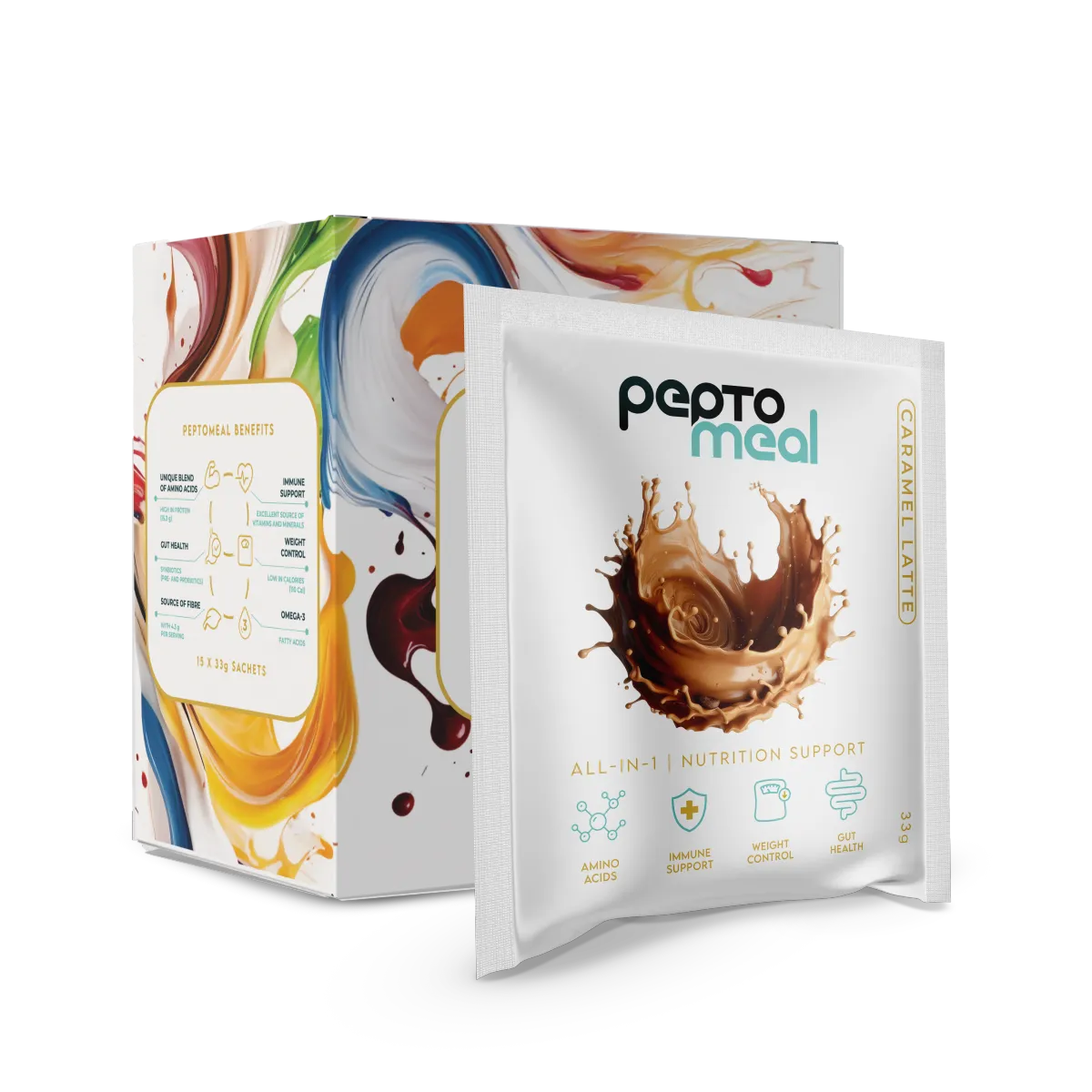 Product flatlay of three VitaShake flavor pouches arranged diagonally, studio-lit (1:1).