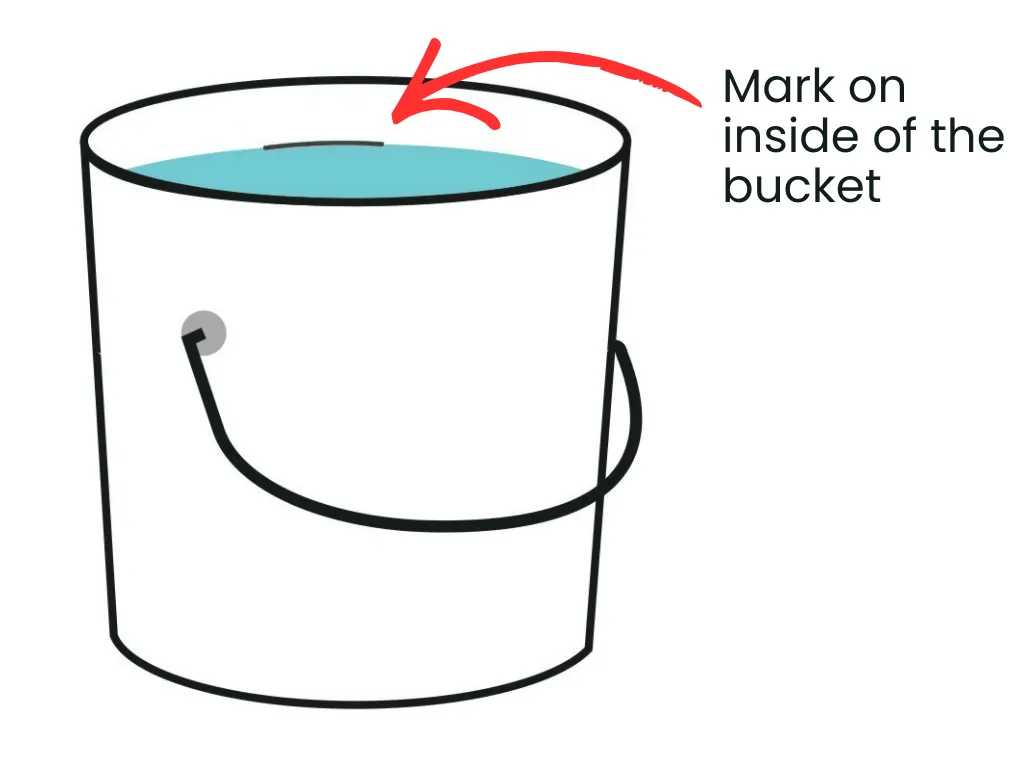 Step-by-step pool leak detection using a weighted 5-gallon bucket on a pool step to compare interior and exterior water levels over 24 hours.