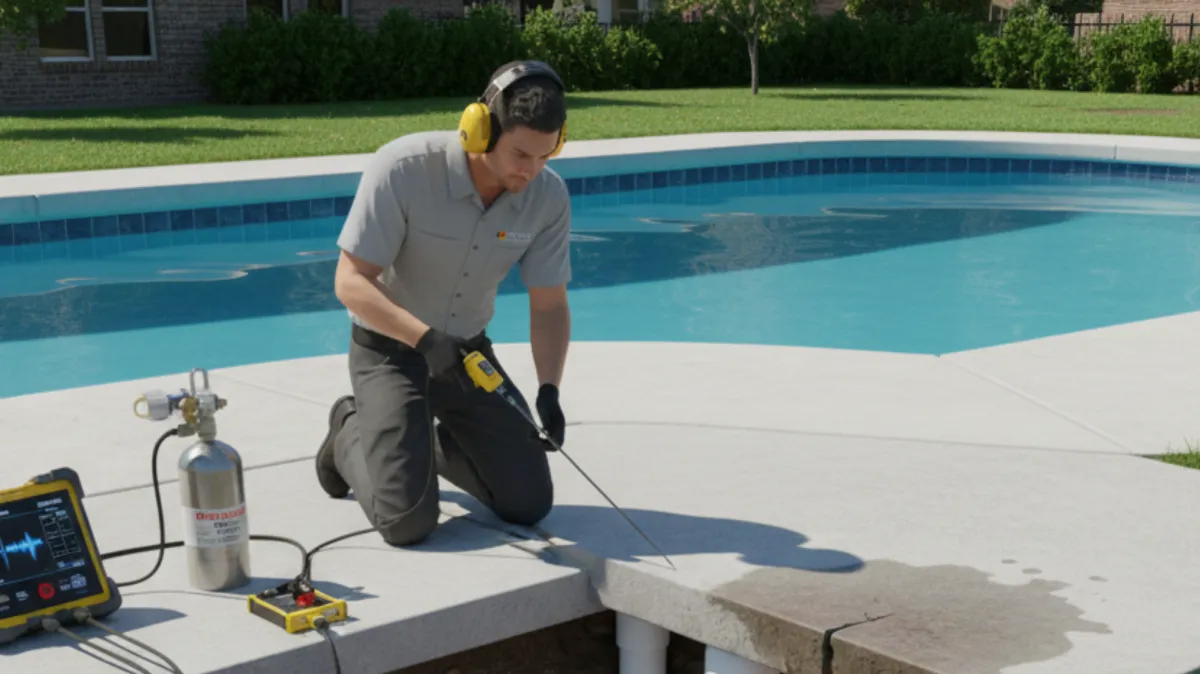 Technician performing underground pool leak detection in Hamilton Ontario backyard swimming pool