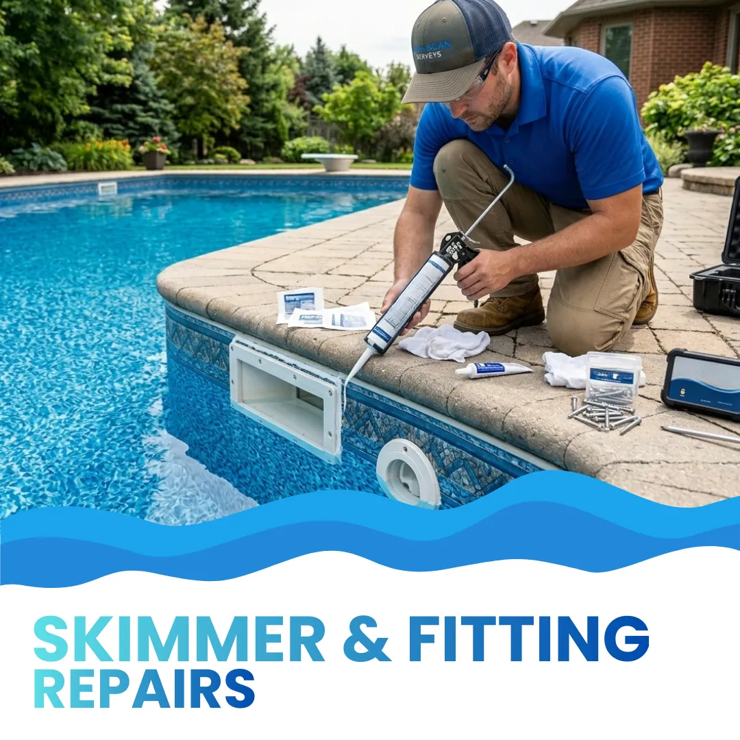 High-resolution shot of a pool professional applying marine-grade sealant to a pool skimmer faceplate and intake fitting to prevent water loss.