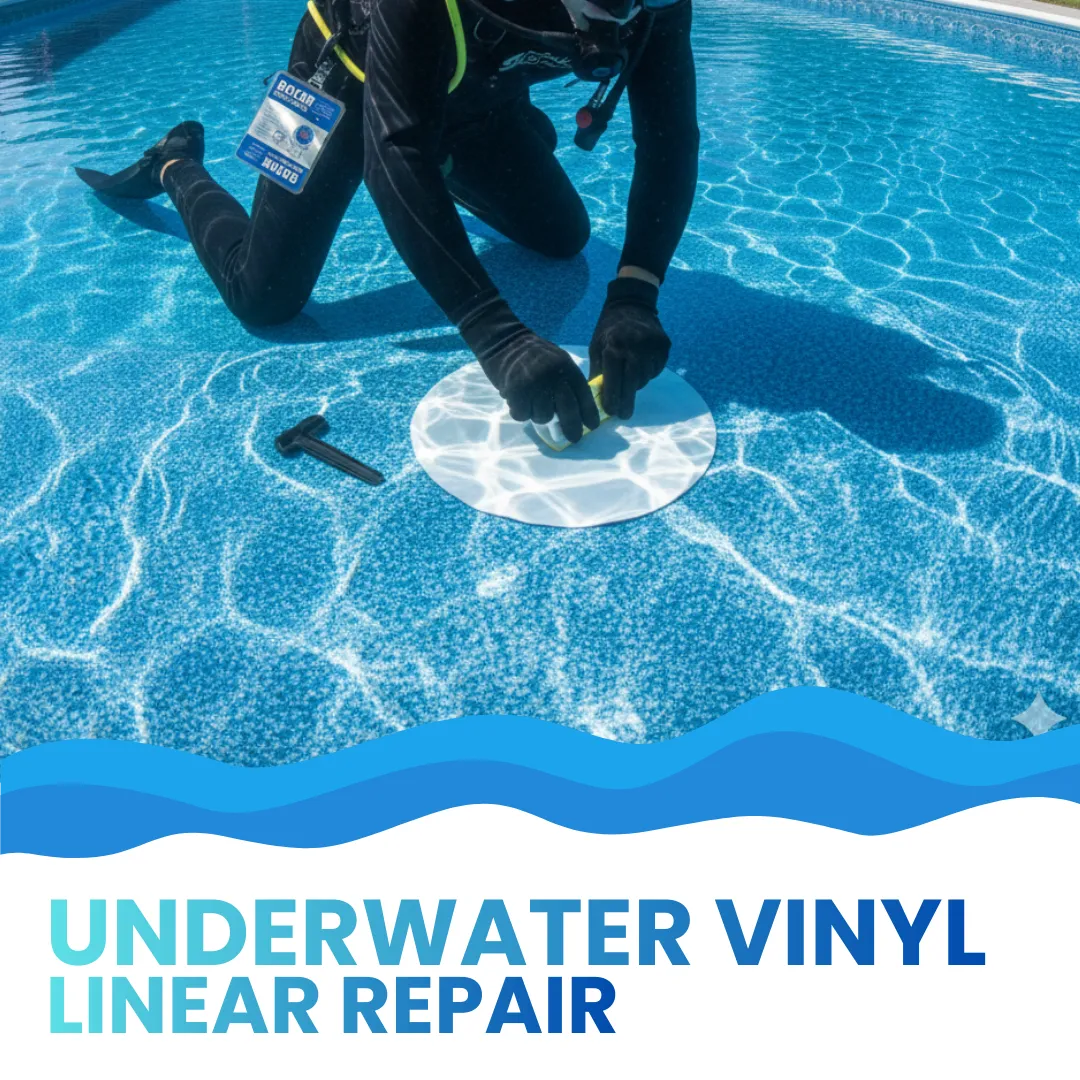 Close-up of a technician using a specialized underwater applicator to seal a tear in a patterned vinyl pool liner.