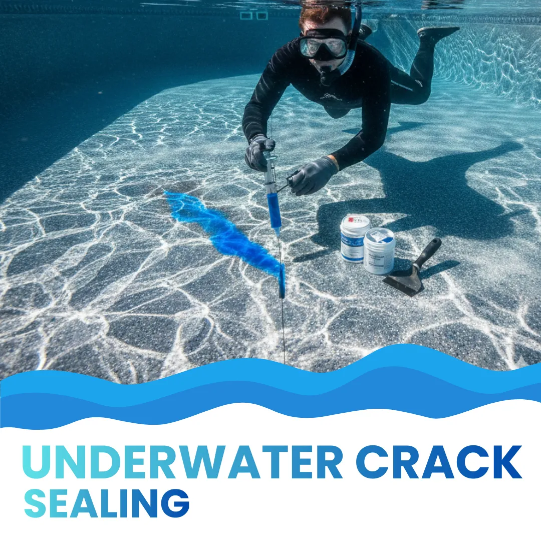 Commercial diver using a specialized sealant gun to apply waterproof marine-grade epoxy to a pool wall crack underwater.