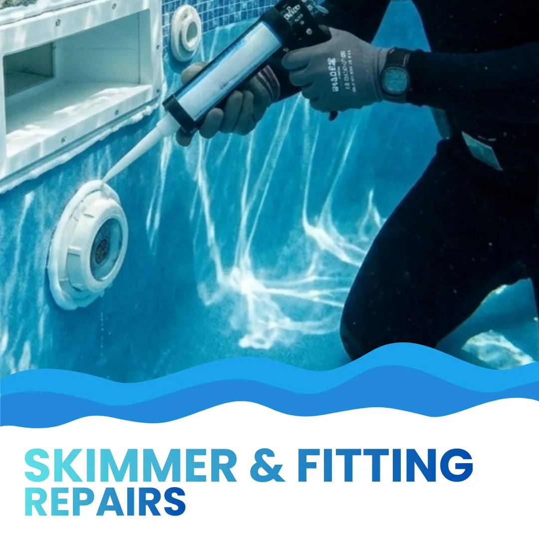 High-resolution shot of a pool professional applying marine-grade sealant to a pool skimmer faceplate and intake fitting to prevent water loss.