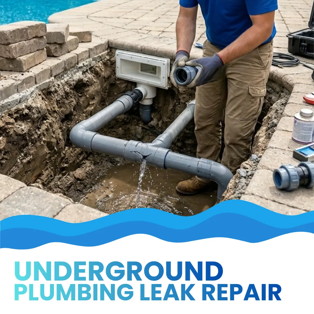 Professional pool plumbing repair showing excavated underground PVC pipes and a technician installing new pressure-tested fittings.