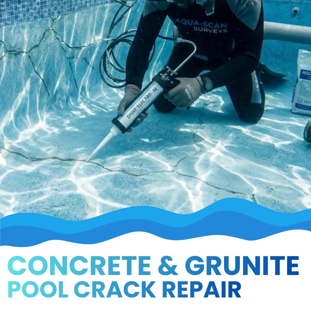 Close-up of a pool professional troweling specialized waterproof patching concrete onto a gunite pool floor crack underwater.