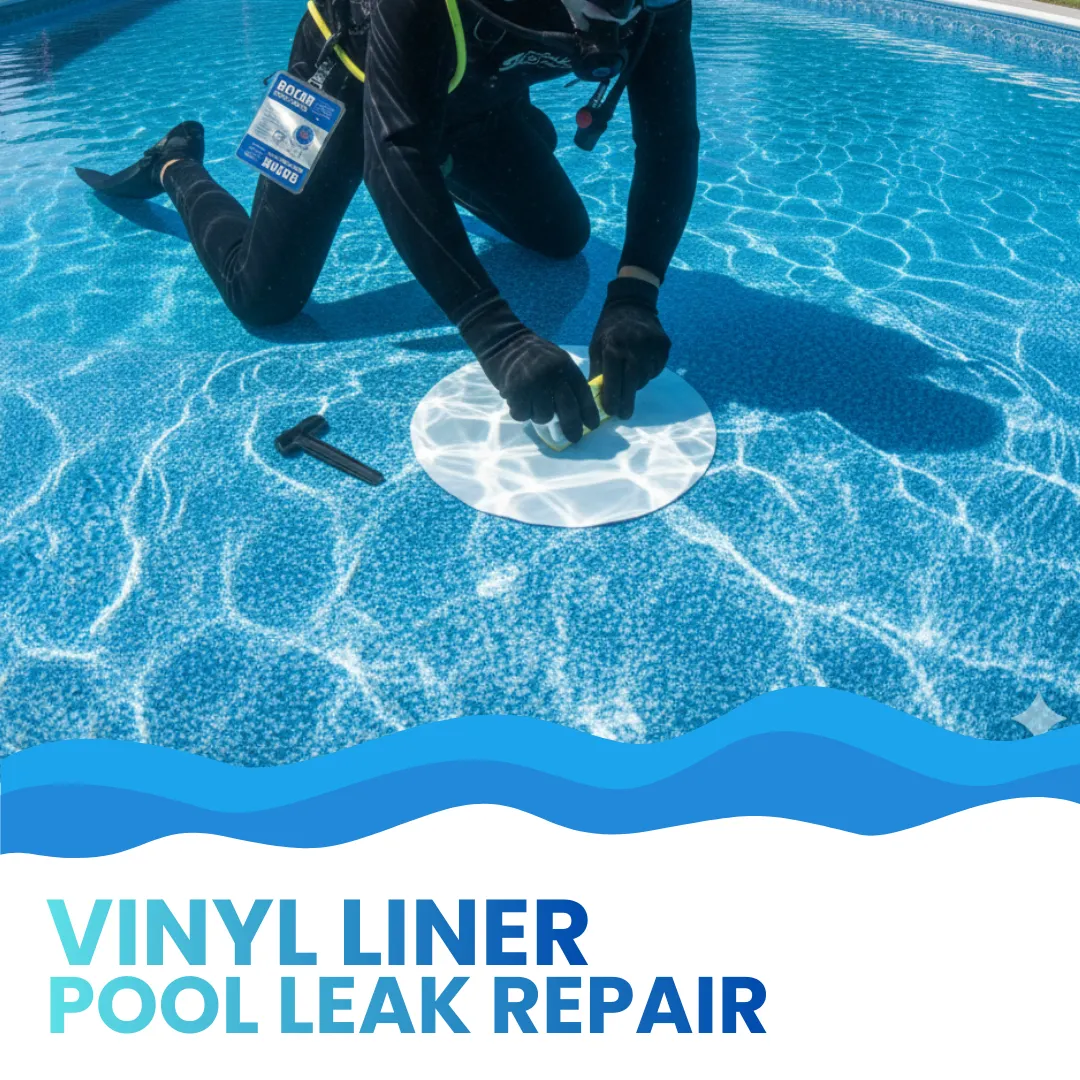 Underwater view of a diver applying a waterproof patch and sealant to a patterned vinyl pool liner to fix a leak.
