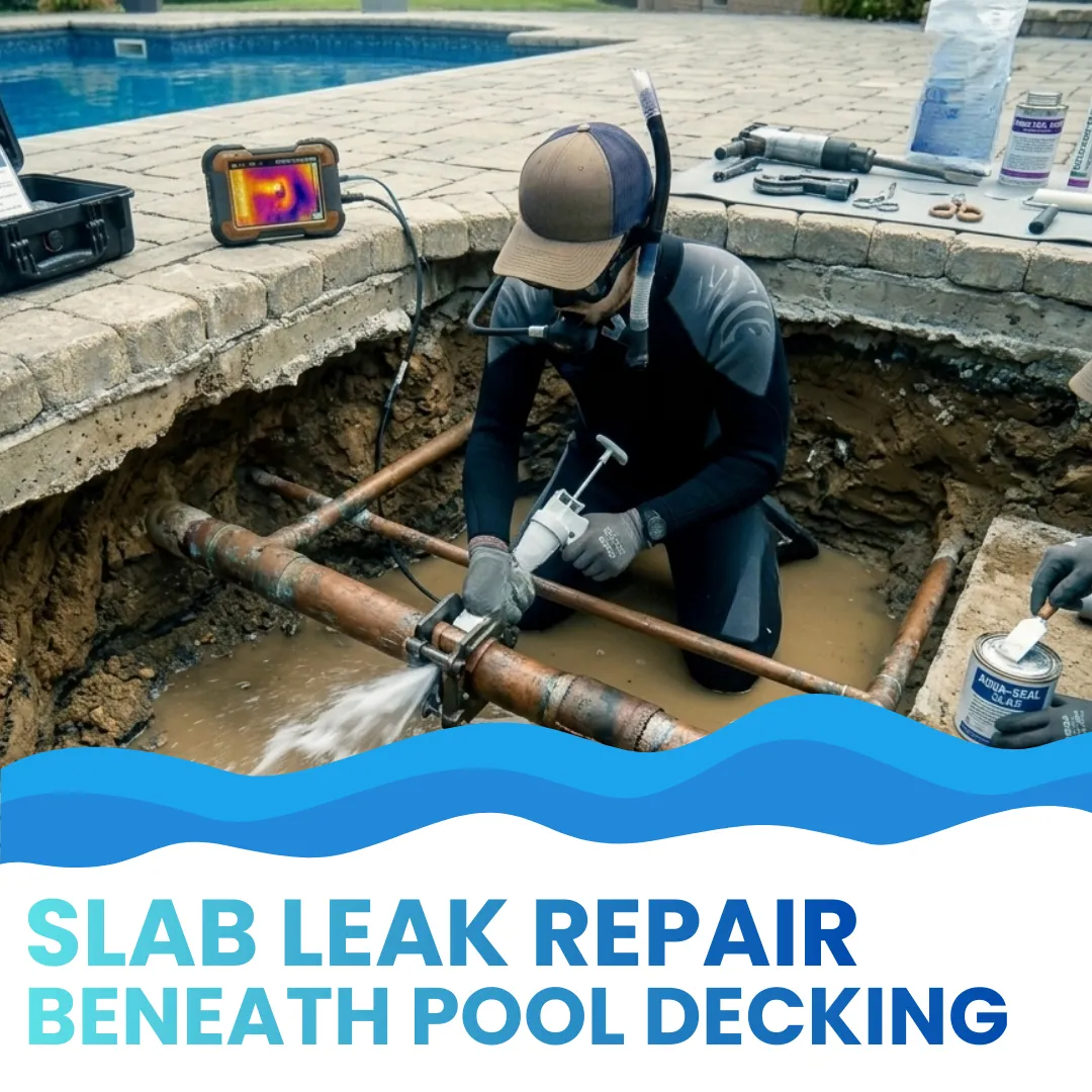 Professional pool technician repairing a slab leak beneath stone pool decking using specialized equipment and thermal imaging tools for precise leak detection.