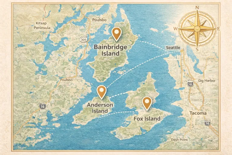 map of Bainbridge Island, Anderson Island and Fox Island.