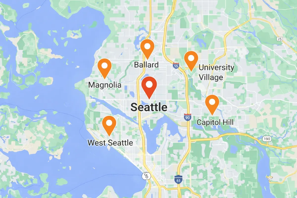 Seattle remodeling service area map highlighting West Seattle, Ballard, Capitol Hill, Queen Anne, and University District.