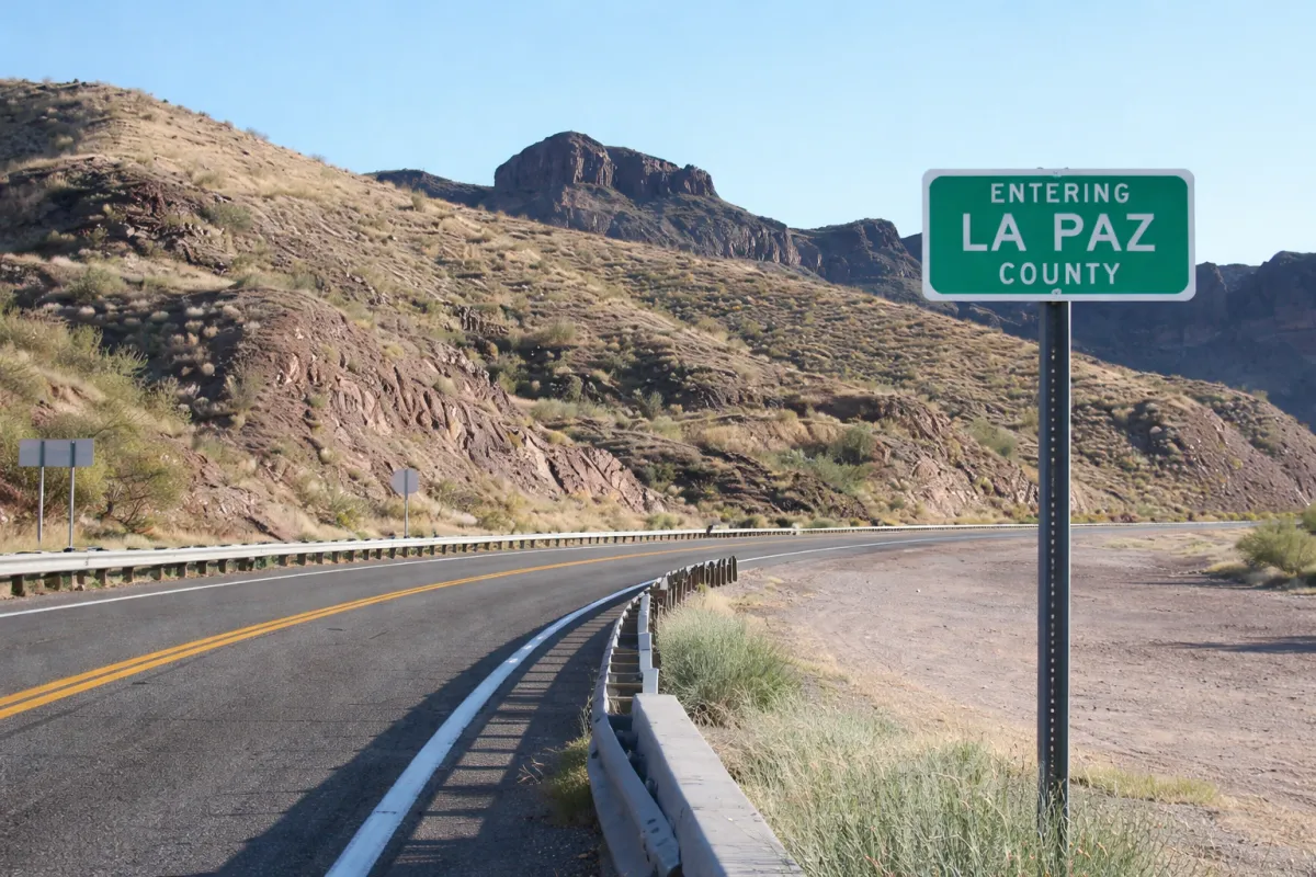 Entering La Paz County Arizona road sign along desert highway