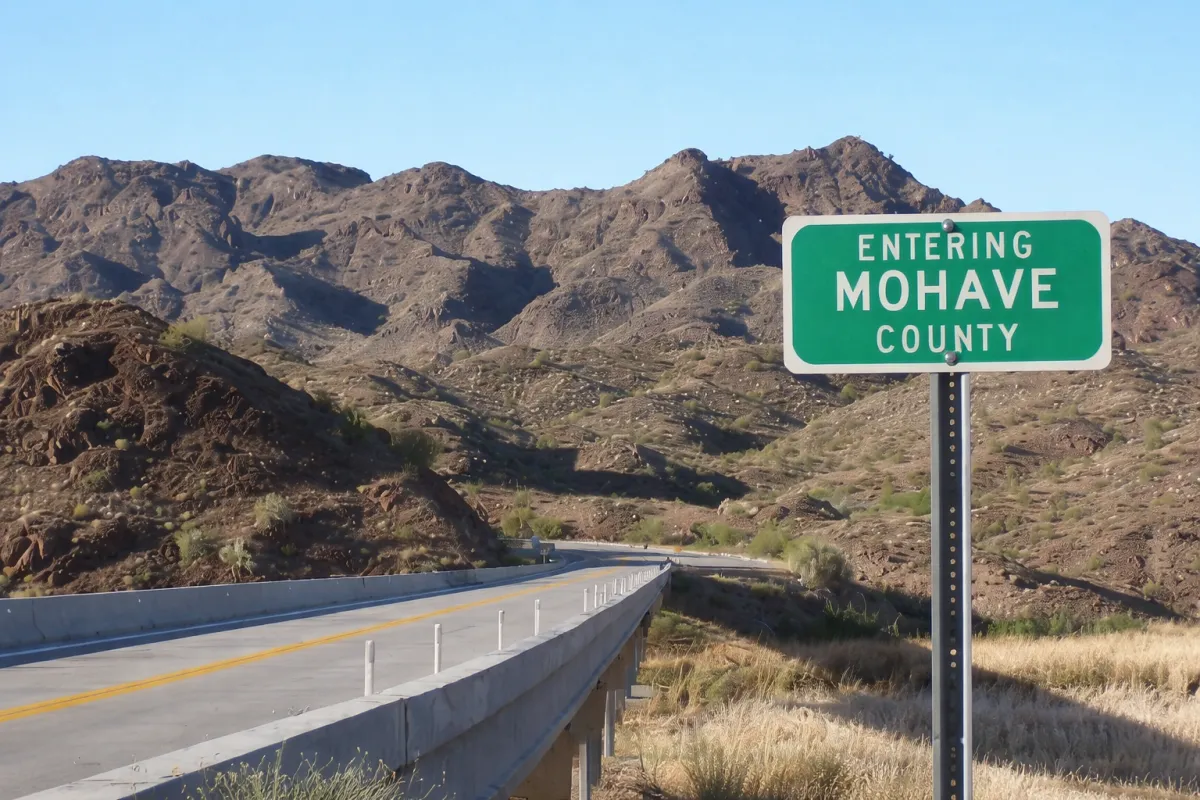 Entering Mohave County Arizona road sign along desert highway