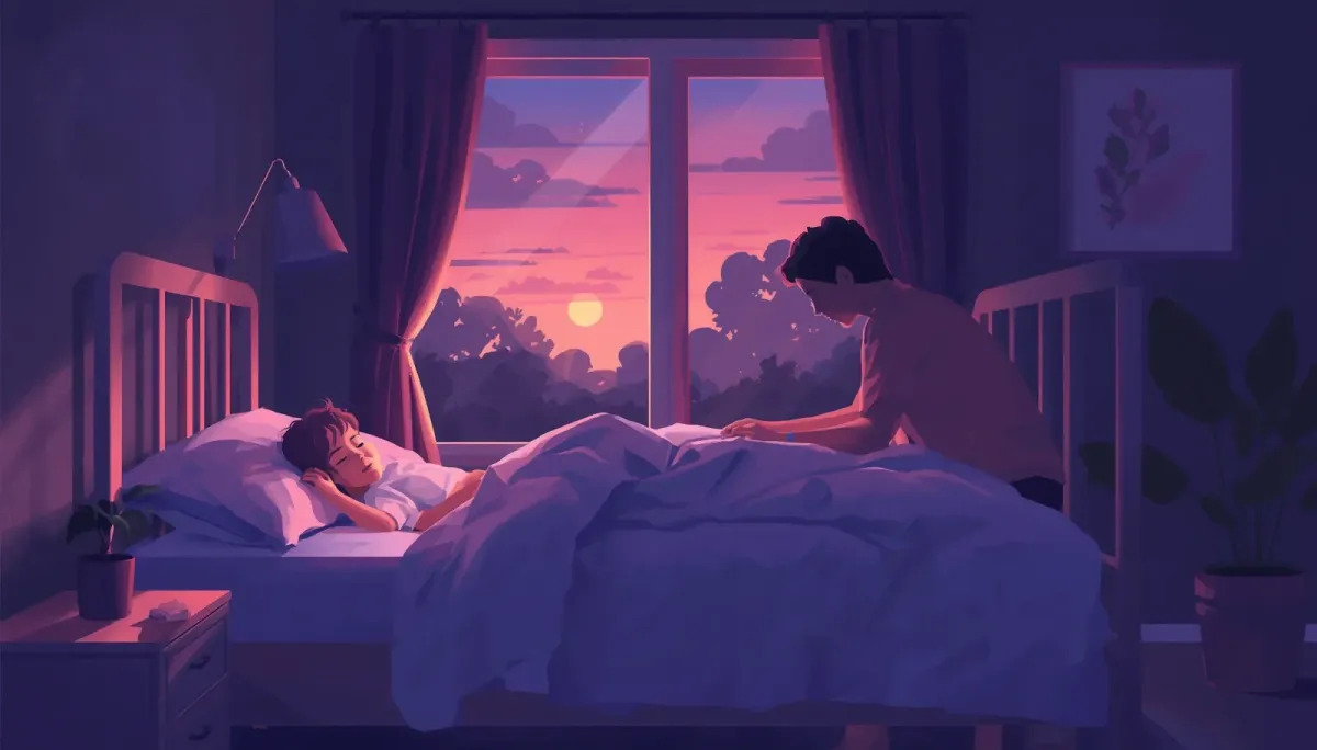 Parent settling a child who won't sleep in the summer in a cool, dark bedroom at dusk