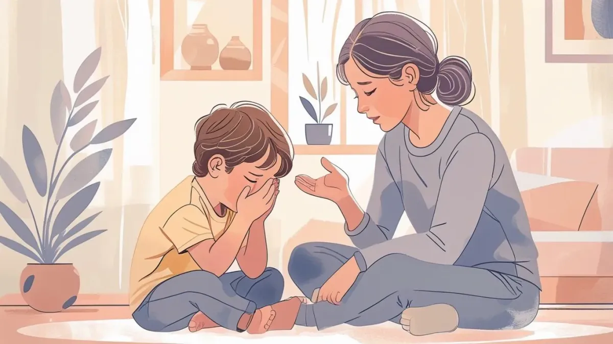 Illustration of a parent pausing to breathe calmly during a summer holiday moment with their children