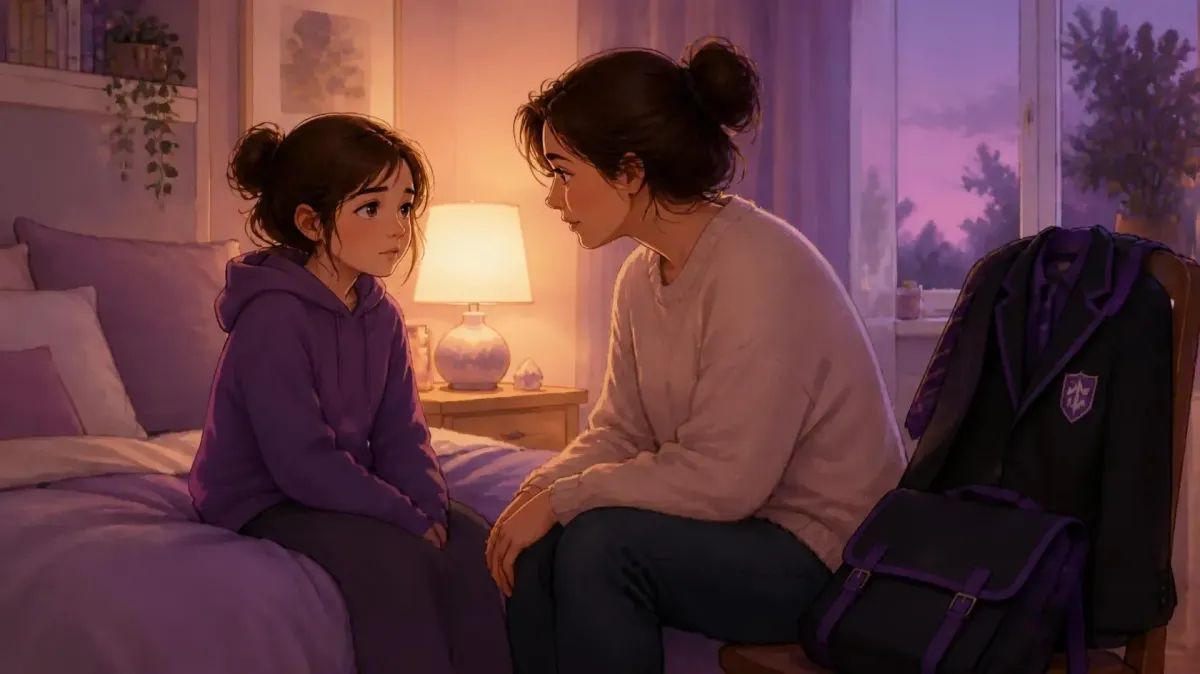 Parent comforting a child starting Year 7 anxiety at home the evening before secondary school begins.