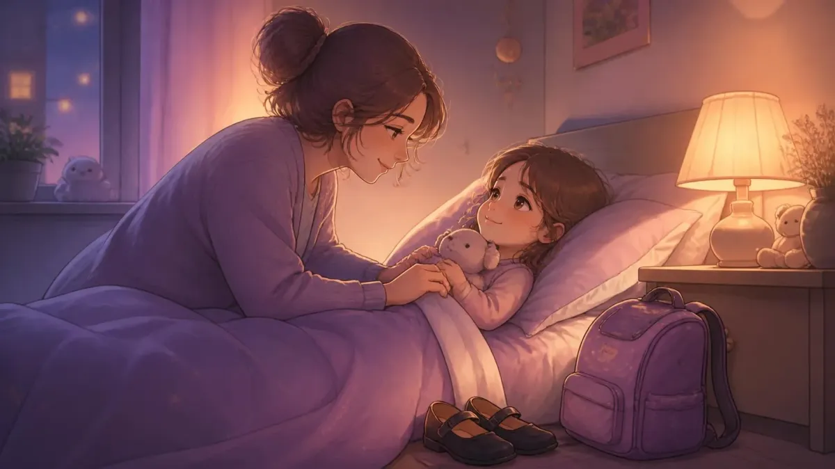 New term routine reset - parent settling a tired child into a calm bedtime after the summer holidays