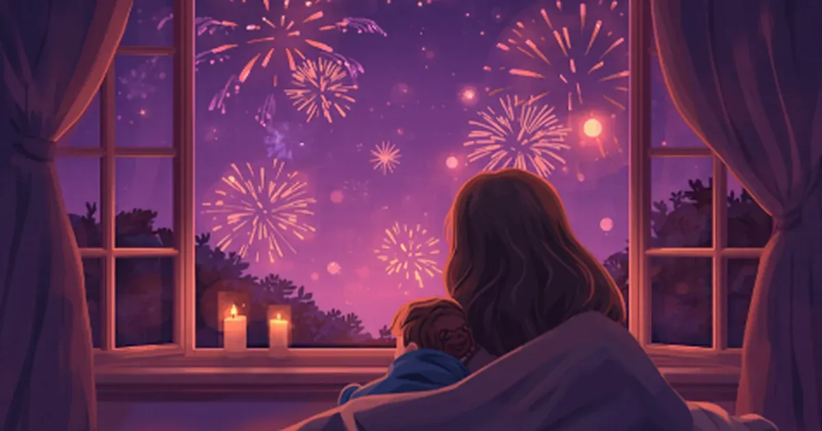 Parent and child cuddled under a blanket by a window, a child scared of fireworks feeling safe on Bonfire Night