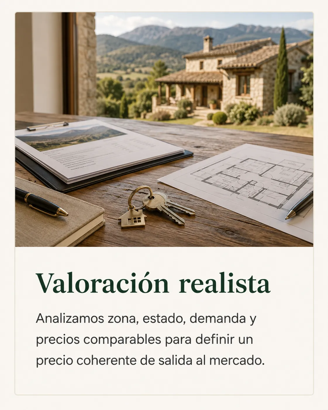 aloración inmobiliaria realista con documentos, llaves y plano sobre mesa para definir el precio de salida de una vivienda en Sierra Oeste, Gredos y Madrid.