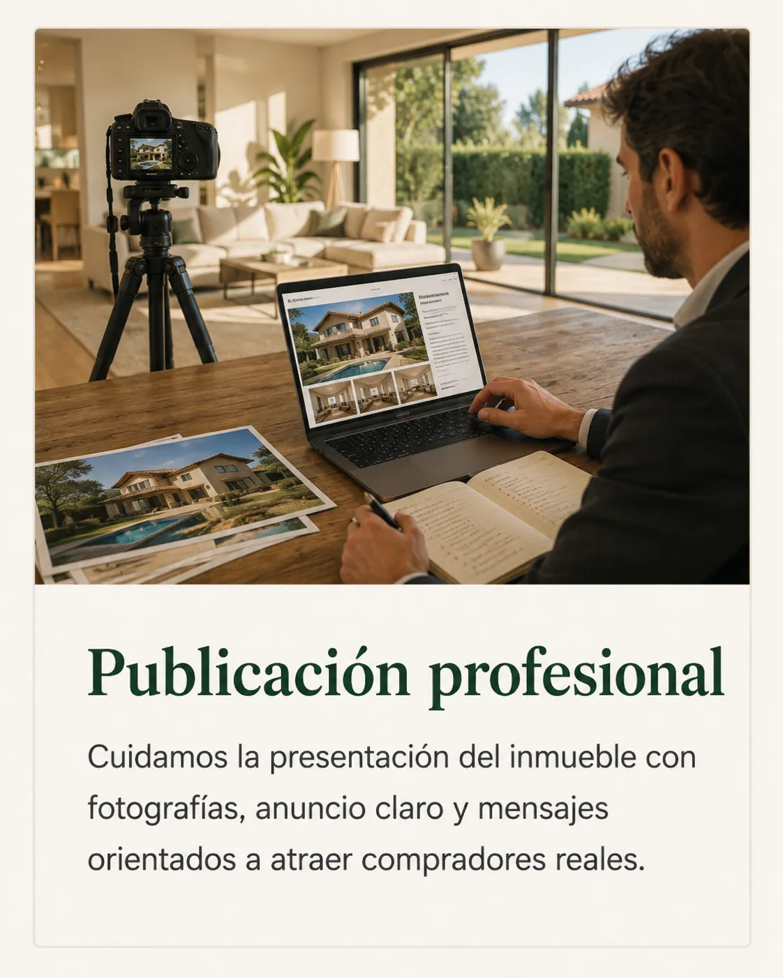 Preparación de publicación profesional de inmueble con cámara, vivienda bien iluminada y material de marketing inmobiliario.