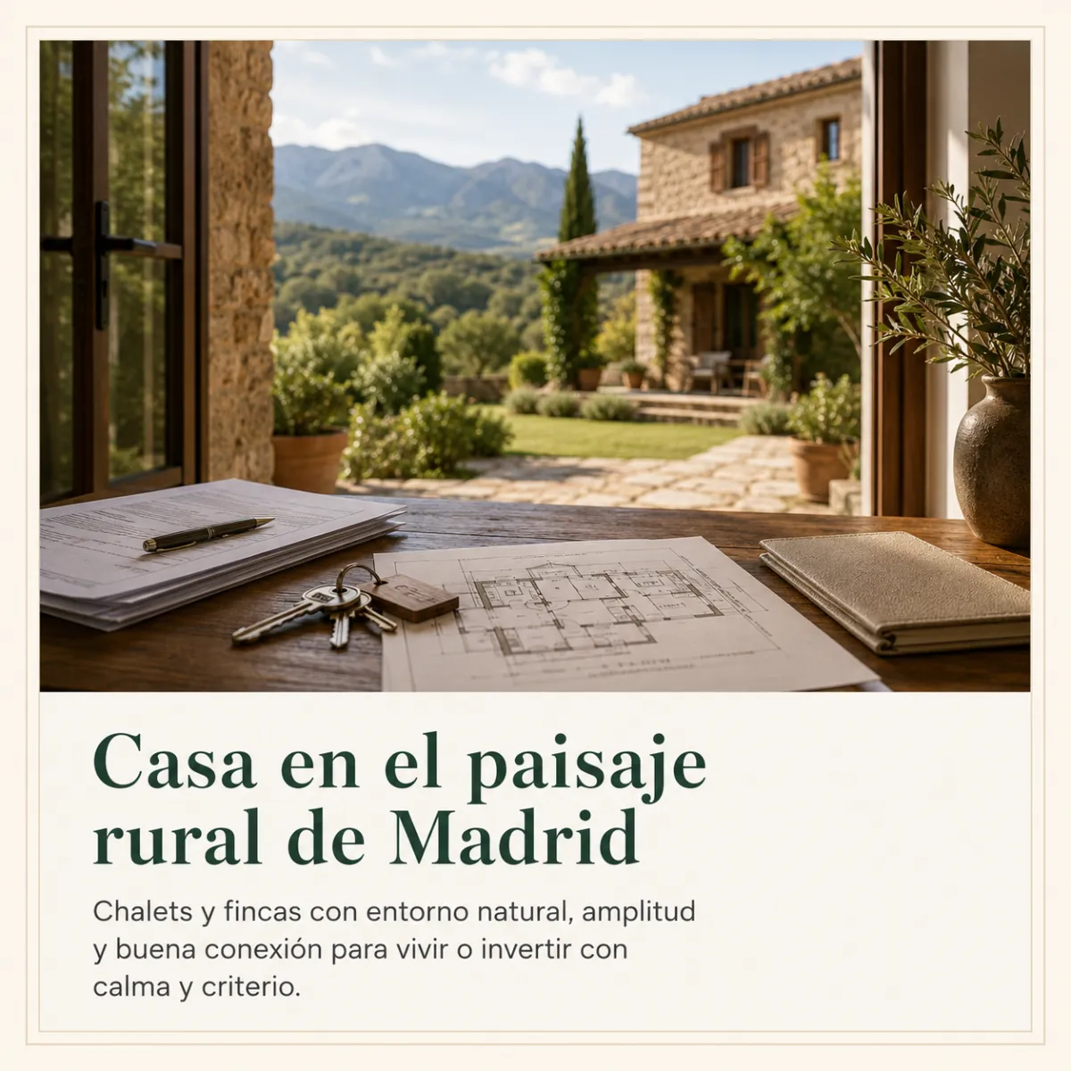 Propiedad rural en la Sierra Oeste de Madrid con documentos inmobiliarios y llaves sobre mesa