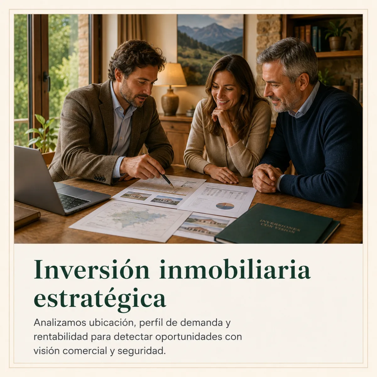 Asesoramiento en inversión inmobiliaria con clientes revisando propiedades y documentación