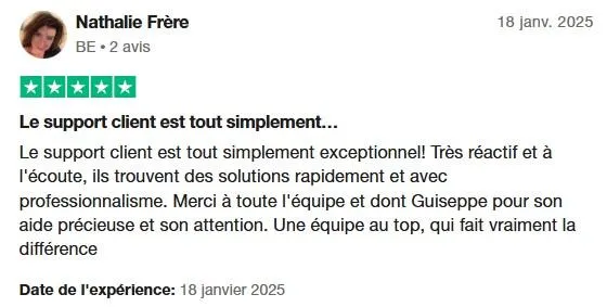 Témoignage de Nathalie Frère sur Trustpilot, soulignant la réactivité et le professionnalisme du support client, avec une mention spéciale pour Giuseppe, qui a offert une aide précieuse et attentive.