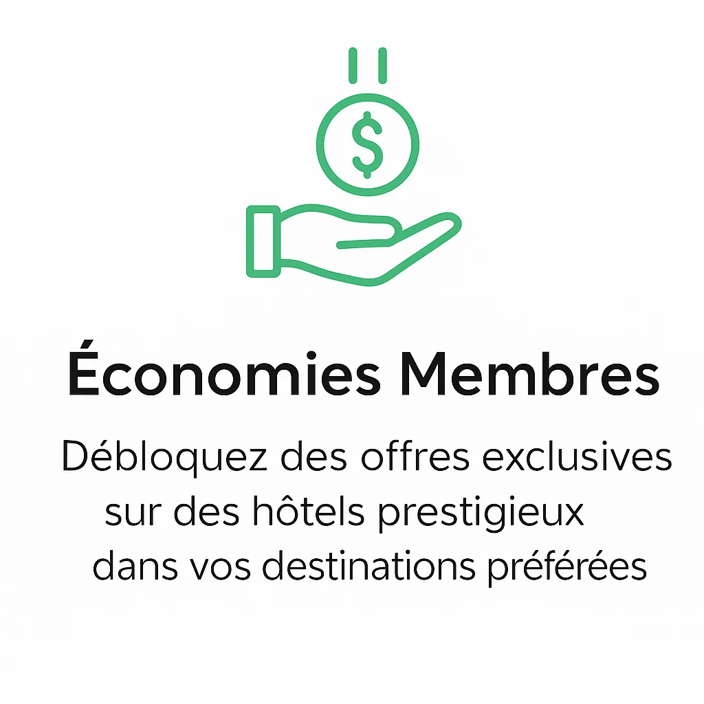 Icône verte montrant une main tenant une pièce avec un symbole dollar, accompagnée du texte “Économies Membres – Débloquez des offres exclusives sur des hôtels prestigieux dans vos destinations préférées.”