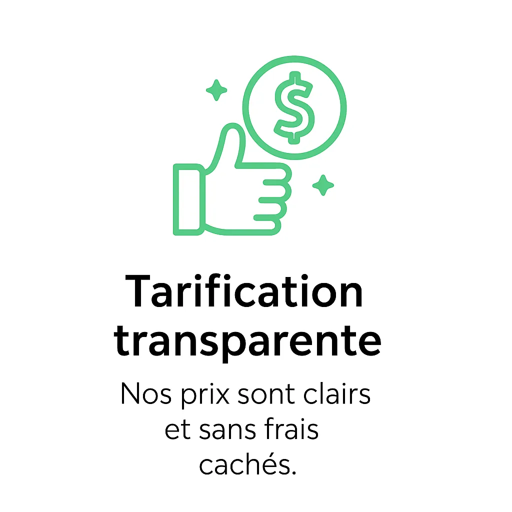Icône verte représentant un pouce levé et une pièce avec un symbole dollar, accompagnée du texte “Tarification transparente – Nos prix sont clairs et sans frais cachés.”