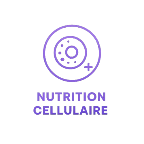 Icône violette représentant une cellule vivante avec le texte Nutrition Cellulaire, symbole de vitalité et régénération