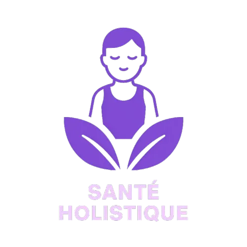 Icône violette représentant une personne en posture de méditation entourée de feuilles, symbolisant la santé holistique, l’équilibre corps-esprit et le bien-être naturel