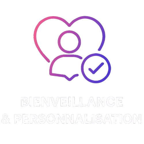 Icône dégradée représentant une silhouette dans un cœur avec une coche, illustrant la bienveillance, l’écoute active et l’accompagnement personnalisé.
