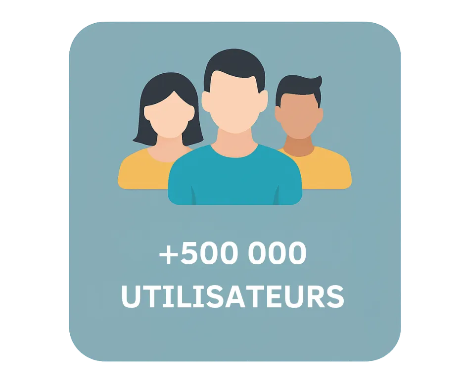 Icône de trois utilisateurs stylisés sur fond bleu avec le texte "+500 000 utilisateurs", soulignant la popularité et la fiabilité d'une plateforme de services.