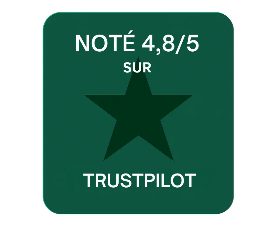 Évaluation Trustpilot 4,8 sur 5 – badge vert avec une étoile, illustrant la satisfaction des utilisateurs et la fiabilité du service.