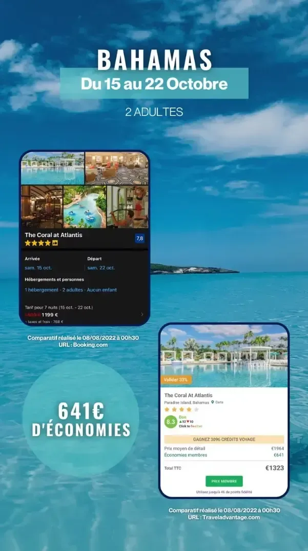 Séjour aux Bahamas à l’hôtel The Coral at Atlantis du 15 au 22 octobre pour 2 adultes. Prix Booking.com : 1 199 €, prix Travel Advantage™ : 1 232 €, soit 641 € d’économies affichées.