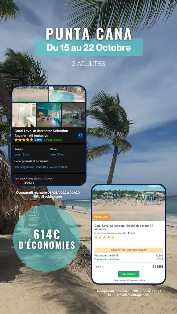 Séjour à Punta Cana du 15 au 22 octobre pour 2 adultes à l’hôtel Coral Level at Iberostar Selection Bavaro All Inclusive. Tarif Booking.com : 2 043 €, tarif Travel Advantage™ : 1 654 €, soit 614 € d’économies.