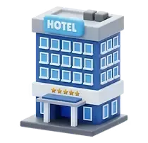 Icône 3D d’un hôtel 5 étoiles : illustration représentant un établissement hôtelier de luxe, symbole de confort, de qualité et de séjour haut de gamme.