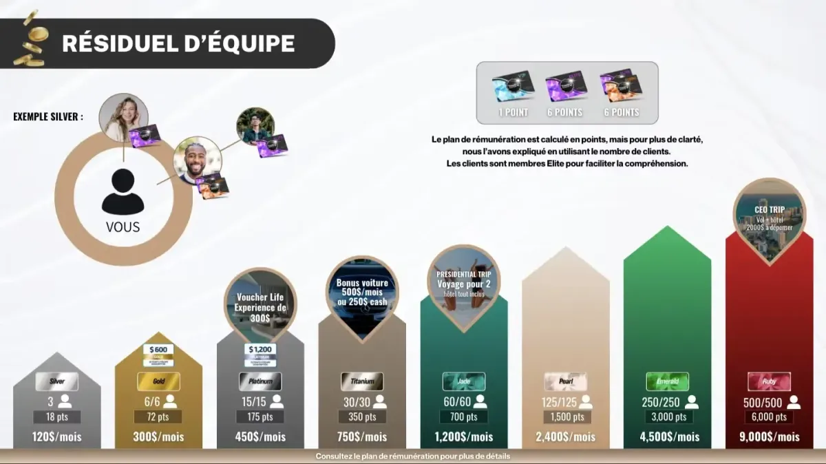 Plan de rémunération de MWR Life illustrant les différents niveaux de gains mensuels selon le nombre de clients et de points : Silver, Gold, Platinum, Titanium, Jade, Pearl, Emerald, Ruby. Graphique coloré en barres avec bonus voiture, voyages présidentiels, et CEO Trip.