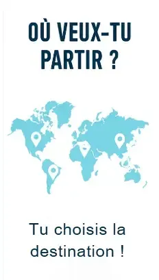 Carte du monde avec des marqueurs de localisation et le texte "Où veux-tu partir ? Tu choisis la destination !", incitant à sélectionner sa destination de voyage.