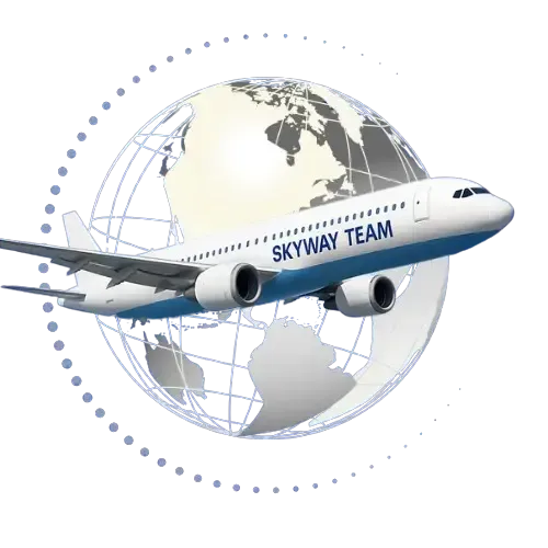 Logo Skyway Team — un avion en vol autour du globe représentant une communauté internationale de voyageurs malins.