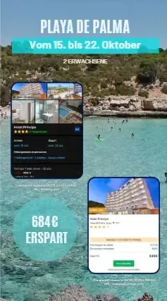 Preisvergleich zwischen Booking.com und Travel Advantage™ für einen Aufenthalt im Hotel Príncipe in Playa de Palma vom 15. bis 22. Oktober für 2 Erwachsene. Angezeigte Ersparnis: 684 €, Preis bei Booking.com: 966 €, Mitgliedspreis bei Travel Advantage: 494 €.