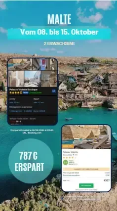 Preisvergleich zwischen Booking.com und Travel Advantage™ für einen Aufenthalt im Hotel Palazzo Violetta auf Malta vom 15. bis 22. Oktober für 2 Erwachsene. Angezeigte Ersparnis: 787 €, Preis bei Booking.com: 991 €, Mitgliedspreis bei Travel Advantage: 507 €.