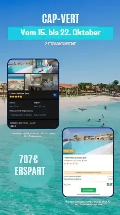 Preisvergleich für einen Aufenthalt auf den Kapverden im Hotel Oasis Salinas Sea vom 15. bis 22. Oktober für 2 Erwachsene. Preis bei Booking.com: 1.384 €, Preis bei Travel Advantage™: 815 €, Ersparnis: 707 €.