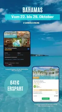 Aufenthalt auf den Bahamas im Hotel The Coral at Atlantis vom 15. bis 22. Oktober für 2 Erwachsene. Preis bei Booking.com: 1.199 € Preis bei Travel Advantage™: 1.232 € . Angezeigte Ersparnis: 641 €