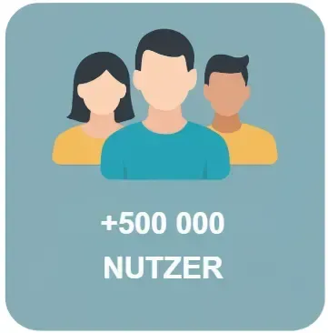 Symbol mit drei stilisierten Nutzern auf blauem Hintergrund und dem Text „+500.000 Nutzer“ – unterstreicht die Beliebtheit und Zuverlässigkeit einer Serviceplattform.